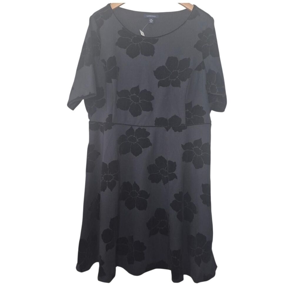 Lands' End Black Floral Fit & Flare Mini Dress 3/4 Sleeves Plus Size 1X - Picture 2 of 5